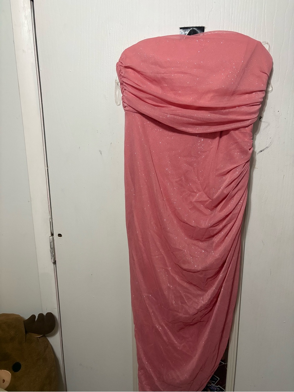 Emerald Sundae Strapless Pink Sparkle Draped Gown
